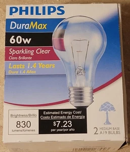 Philips Sparkling Clear 60w 2 Bulbs A19 DuraMax - Picture 1 of 3