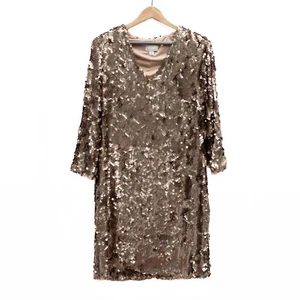 Donna Morgan Sequin Cocktail Dress Women’s 16 Gold Champagne V-Neck Sheath Lined - Picture 1 of 10