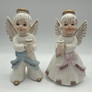REPAIRED - 2 Vtg Pair Ceramic Lefton Happy Birthday boy girl Angel Candle Holder - Picture 1 of 17