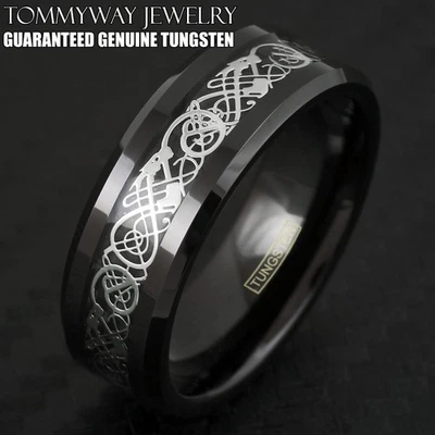Anillo de banda de ajuste cómodo dragón celta plata tungsteno negro de 8 mm para hombre talla 8-15 Foto 1 de 4