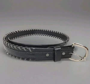 vintage Justin Western Metal LacedTooled Belt Cowhide Leather Black 36" - Picture 1 of 16