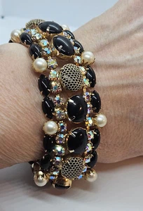 Vintage Kramer NY Tan Mesh Net Black Cabs Pearl AB Crystals Bracelet - Bild 1 von 11