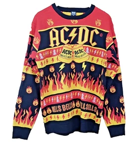 AC/DC 2023 Hells Bells Ugly Christmas Sweater Jumper Size M Red Black & Yellow - Picture 1 of 11