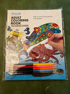 Adult Coloring Book 100 Coastal Designs Fine Life With 5 Dual Coloring Pencils - Picture 1 of 4