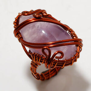 African Amethyst Gemstone Copper Wire Wrapped Handcrafted Jewelry Ring 7" PG 666