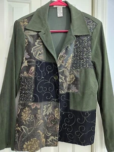 Notations Womens Patchwork Blazer Jacket M Green Floral Design Button Front Poly - Picture 1 of 5