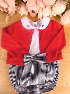 Baby Girl Cotton Outfit 3 Pcs Set Red Knitted Cardigan Dungaree Embroidered Top - Picture 1 of 10