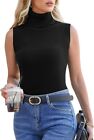 Women&#39;s Sleeveless Turtleneck Top Mock Neck Ribbed Solid Pullover Large in Black