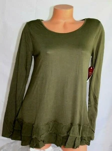 FADED GLORY (S 4 6) Stretch Knit Pullover Top Shirred Double Hem Ruffle OLIVE - Picture 1 of 6
