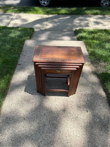 Vintage Thomasville 4 Solid Wood Hand-Carved Nesting Tables Made in Pakistan Cover