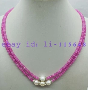 2 Row 2x4mm Faceted Rose Red Jade & White Freshwater Pearl 17-19"Dainty Necklace - Bild 1 von 4