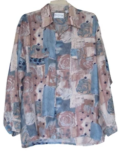 Vtg 80s Hattie Carnegie Silk Shirt Long Sleeved Blue Taupe Black Print M Men - Picture 1 of 8