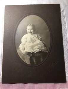 Vintage 8" By 6" Antique Cabinet Photo Sweet Smiling Little Girl Cute Dress H-64 - Picture 1 of 4