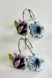 Shower Curtain Hooks Set Of 12 Resin Flower 2 Style Set Blue Purple Silver - Picture 1 of 5