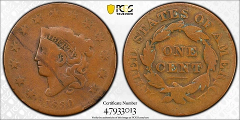 1830 N-9 Large Letters Coronet Matron Head Copper Large Cent PCGS G Detail Cover