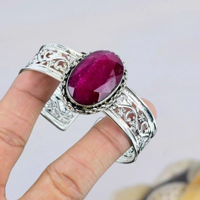 Ruby Simulated Bangle 925 Sterling Silver Handmade Bangle Anniversary Jewelry - Image 1 of 3