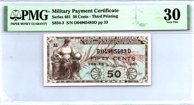 Series 481 50 Cents Third Printing MPC PMG 30 Very Fine S834-3 - Image 1 of 4