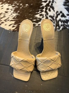 VinceCamuto Sandals Ladies Size 8.5 Tan Leather Square Open Toe Woven Heels - Picture 1 of 6