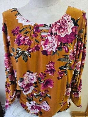SIZE 3X EYE CANDY Gold Floral Open Long Sleeve Blouse INVPV2131 - Image 1 of 3