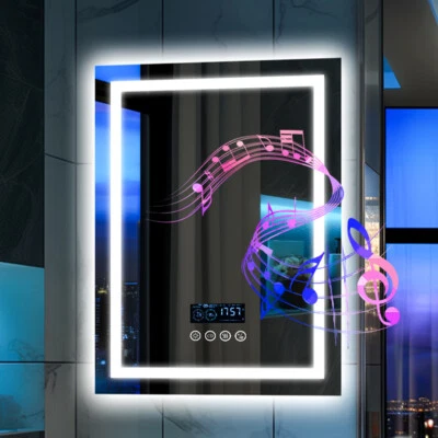 LUVODI Large Bathroom LED Mirror with Bluetooth,Memory Touch,Clock,3 LED Colors,Fogless