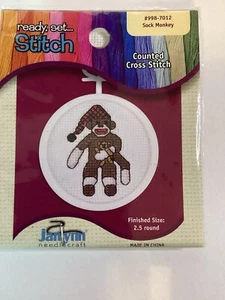 Counted Cross Stitch Kit Sock Monkey Ready Set Stitch Janlynn 2.75" Ornament - Picture 1 of 2