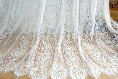 French Bridal Chantilly Lace Fabric Retro Striped Floral Embroidery Lace Fabric - Image 1 of 4