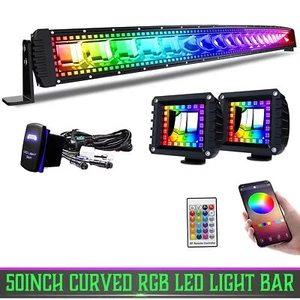 50" Curved LED Light Bar Combo RGB +4" Pods For Jeep Cherokee XJ Roof Upper Kit - Picture 1 of 9