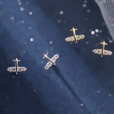 Argento Sterling Mini Cz Aeroplano Lucido Piercing Orecchini a Lobo Rodio / Oro - Immagine 1 di 4