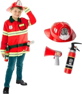 Kids Red Firefighter Costume + Helmet Mask Tools Boys Girls Fireman Halloween - Picture 1 of 7