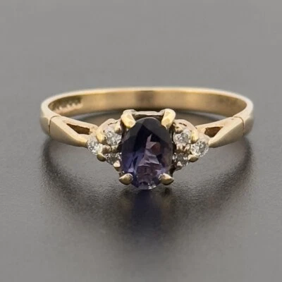 9ct Yellow Gold Iolite & Diamond Cluster Ring Size M 1/2 Hallmarked - Image 1 of 4