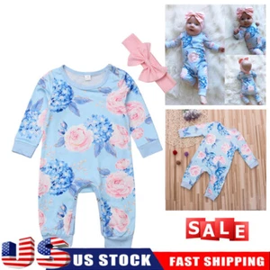 Newborn Baby Girl Long Sleeve Romper Bodysuit Jumpsuit Headband Clothes Outfits - Picture 1 of 12