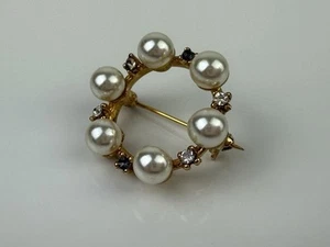 Vintage Sterling Silver Brooch Pin Gold Plated Faux Pearls Rhinestones 1” - Picture 1 of 7