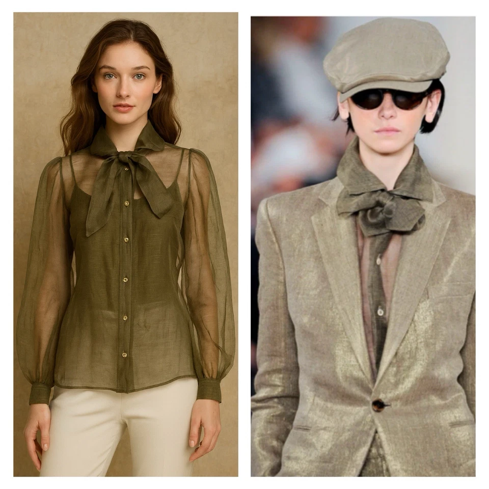 Blusa sin mangas Ralph Lauren etiqueta púrpura con botones 2 lino seda cuello atado nueva con etiquetas Foto 1 de 4