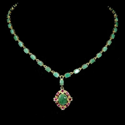 925 Sterling Silver Necklace Oval Emerald 12x9mm Ruby Gemstone Jewelry 17inches - Image 1 of 4