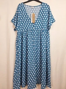 Tendency Blue Baroque Short Sleeve v Neck Smock Slip a Line Midi Dress Large - Picture 1 of 10