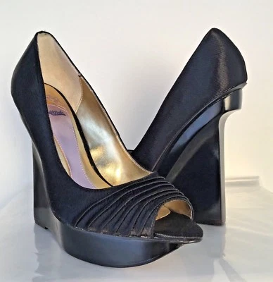 Hale´ BOB 6.5M BLACK Satin Faille High Heel PLATFORM Wedge PEEP TOE Elegant Sexy - Image 1 of 4