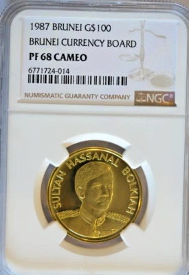 Brunei SULTAN HASSANAL BOLKIAH 1987 Currency Board 100 Dollars Gold Coin NGC 68 - Image 1 of 4