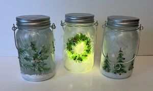 Set of 3 Illuminated Embellished Mason Jars by Valerie Parr Hill Holly, Trees.. - Picture 1 of 3