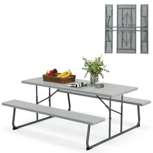 Folding Picnic Table w/ Umbrella Hole 2 Benches All Weather Wood-like Tabletop - Picture 1 of 11