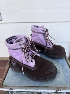 Timberland Roll Top Ankle Chunky Boots Girls 8M Pink Brown Leather - Picture 1 of 11