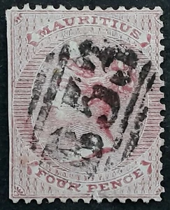 c.1863- Mauritius 4d rose QV stamp with "B53" grid cancel - Bild 1 von 2