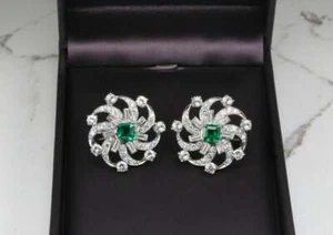 Genuine Cluster Flower Design With Square Shape Emerald & White Shiny CZ Earring - Picture 1 of 8