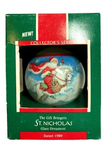 Adorno de vidrio vintage con sello ~ San Nicolás ~ Los portadores de regalos ~ 1989 Nuevo de Lote Antiguo - Imagen 1 de 4