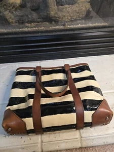 Kate Spade Black &Cream Patent Leather Stripe Tote Satchel Hand Bag Large - Picture 1 of 15
