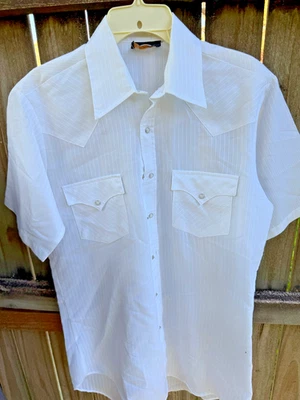 Vintage Holt Western Wear Mens Short Sleeve White Shirt Pearl Snaps 80s Stripe - Image 1 of 3