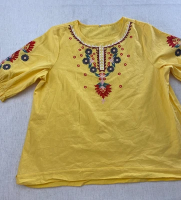 刺绣束腰上衣女式 XXL 黄色花卉波西米亚 3/4 袖休闲套衫 — 第 1/4 张图片