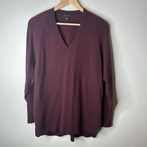 Ann Taylor Sweater Sz M Maroon Burgund Wool Cashmere V neck Tight Knit Pullover - Picture 1 of 9