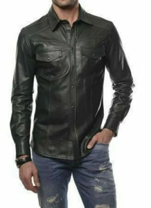 Camisa de cuero negra para hombre de cuero genuino de piel de cordero calce ajustado camisa chaqueta-36 - Imagen 1 de 12