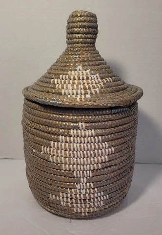 Vintage Hand Coil Straw Woven Weaved Basket Lid Ethnic African  Storage Basket Cover
