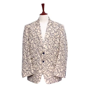 Mens Blazer Floral Beige Blue Wool Dress Formal Jacket Wedding Sport Coat 48R - Picture 1 of 7